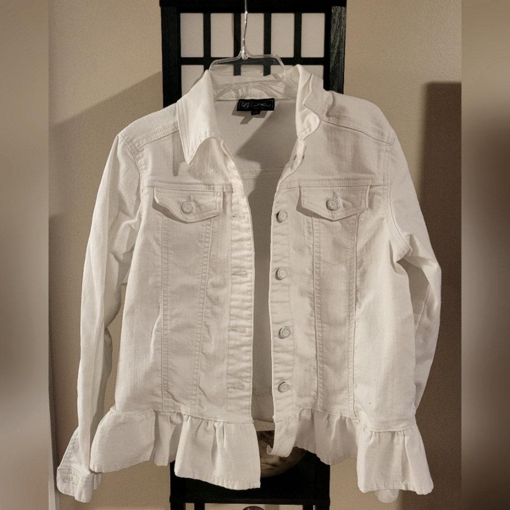 DG2 White Jean Jacket with Ruffle Hem